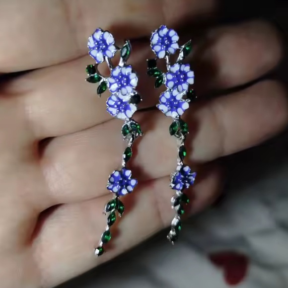 Blue Summer Floral Silver Earrings - Picture 2 of 9